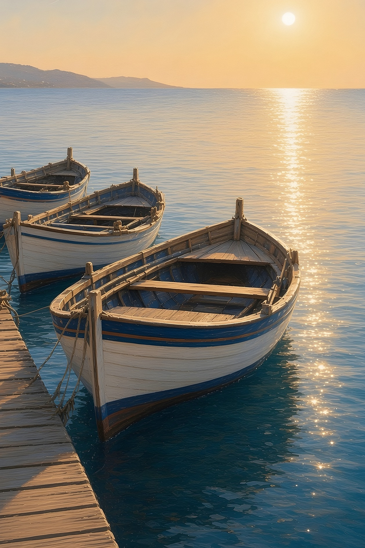 Three wooden boats with blue trim resting at a wooden dock on a calm sea at sunset, oil painting