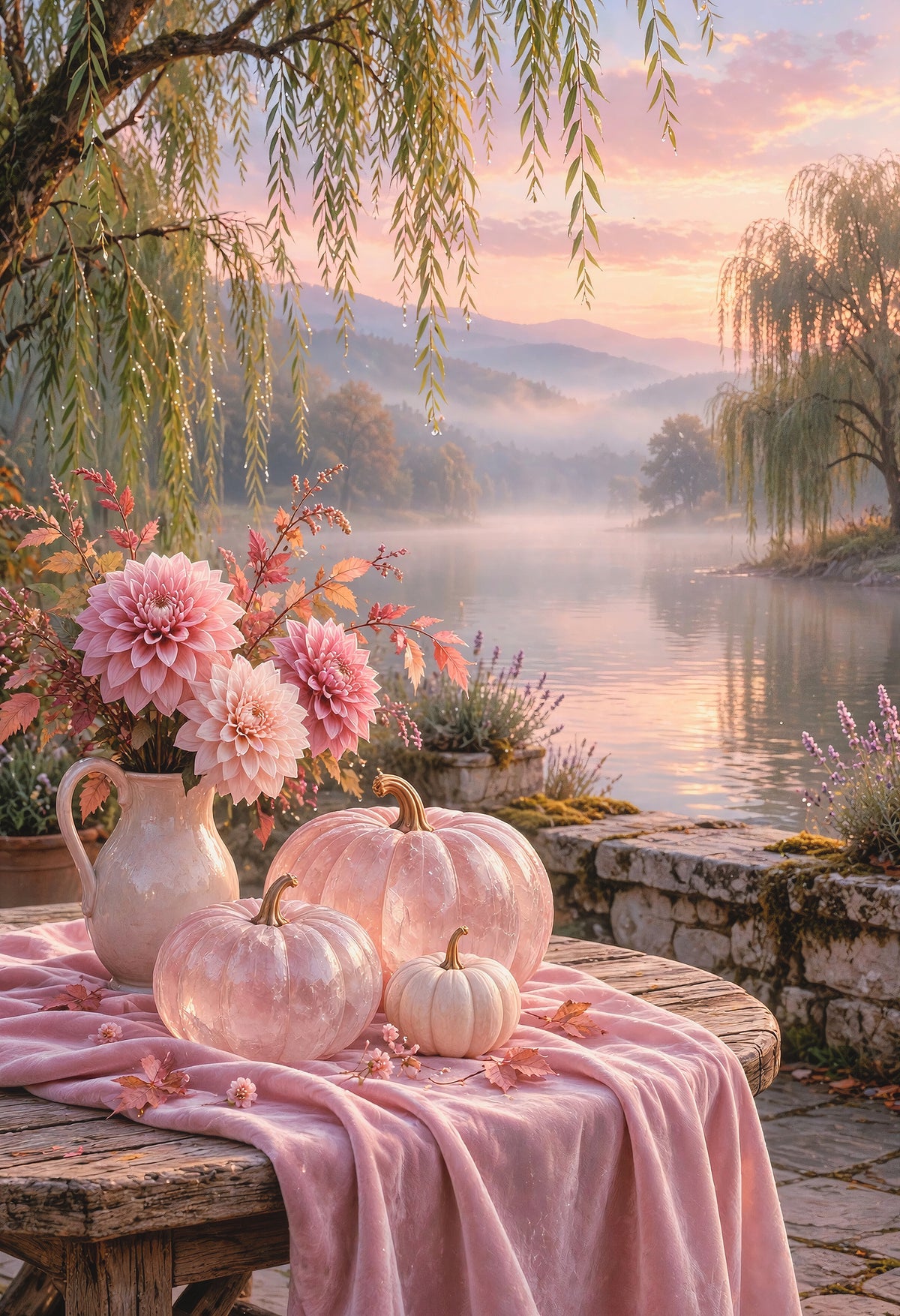 Rose Mist — blush glass pumpkins beside a misty lake under willow trees