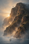 The Golden Cliff — rugged cliff in golden light with a small cypress tree in proportion on the edge and a medium white sailboat below