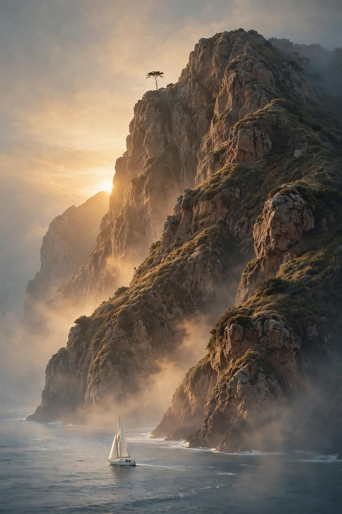 The Golden Cliff — rugged cliff in golden light with a small cypress tree in proportion on the edge and a medium white sailboat below