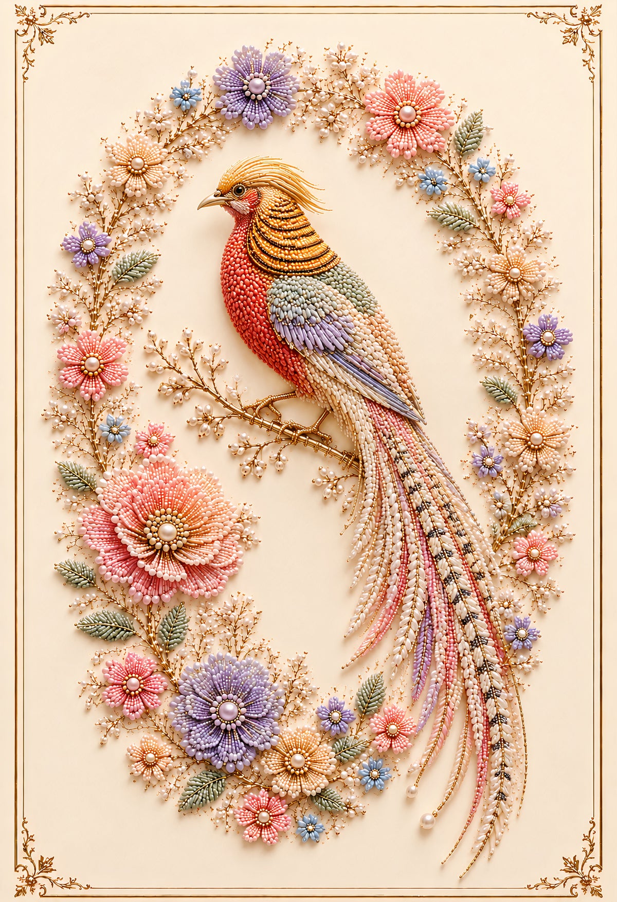 Pastel pheasant adorned with pearls