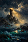 Lighthouse glowing on rocky cliffs above a turquoise stormy sea