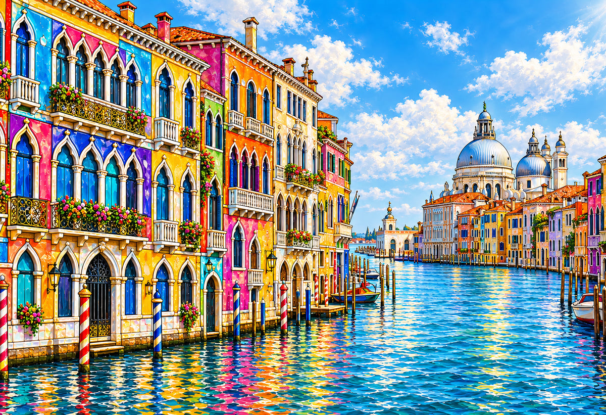 Grand Canal Reverie in Color — colorful palazzi along the sparkling Grand Canal leading toward a domed basilica under billowing clouds