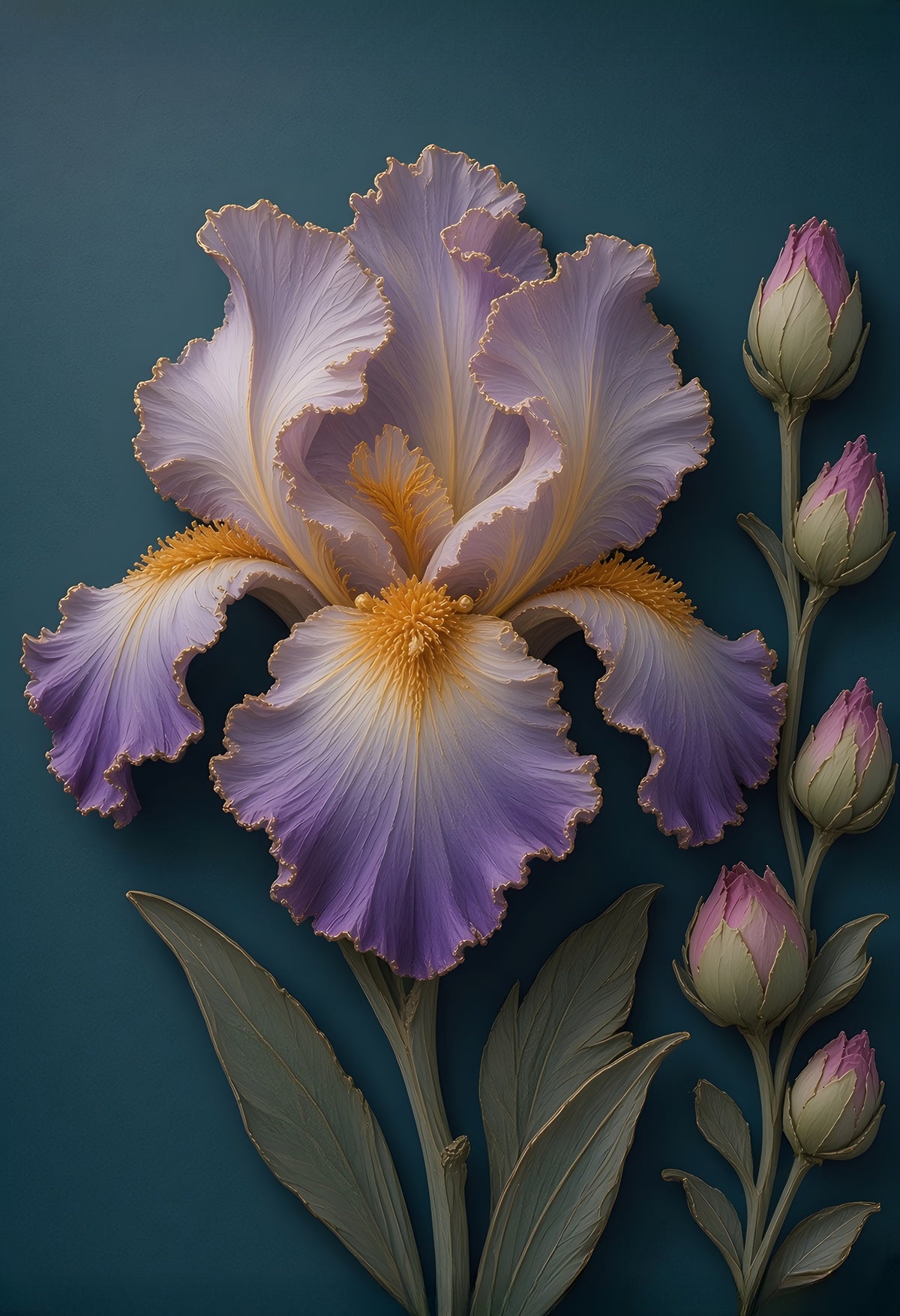Lavender Iris — a lavender and violet bearded iris in porcelain relief with a golden heart beside closed buds on deep teal