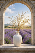 White vase with golden branches in a stone arch overlooking lavender fields at midday