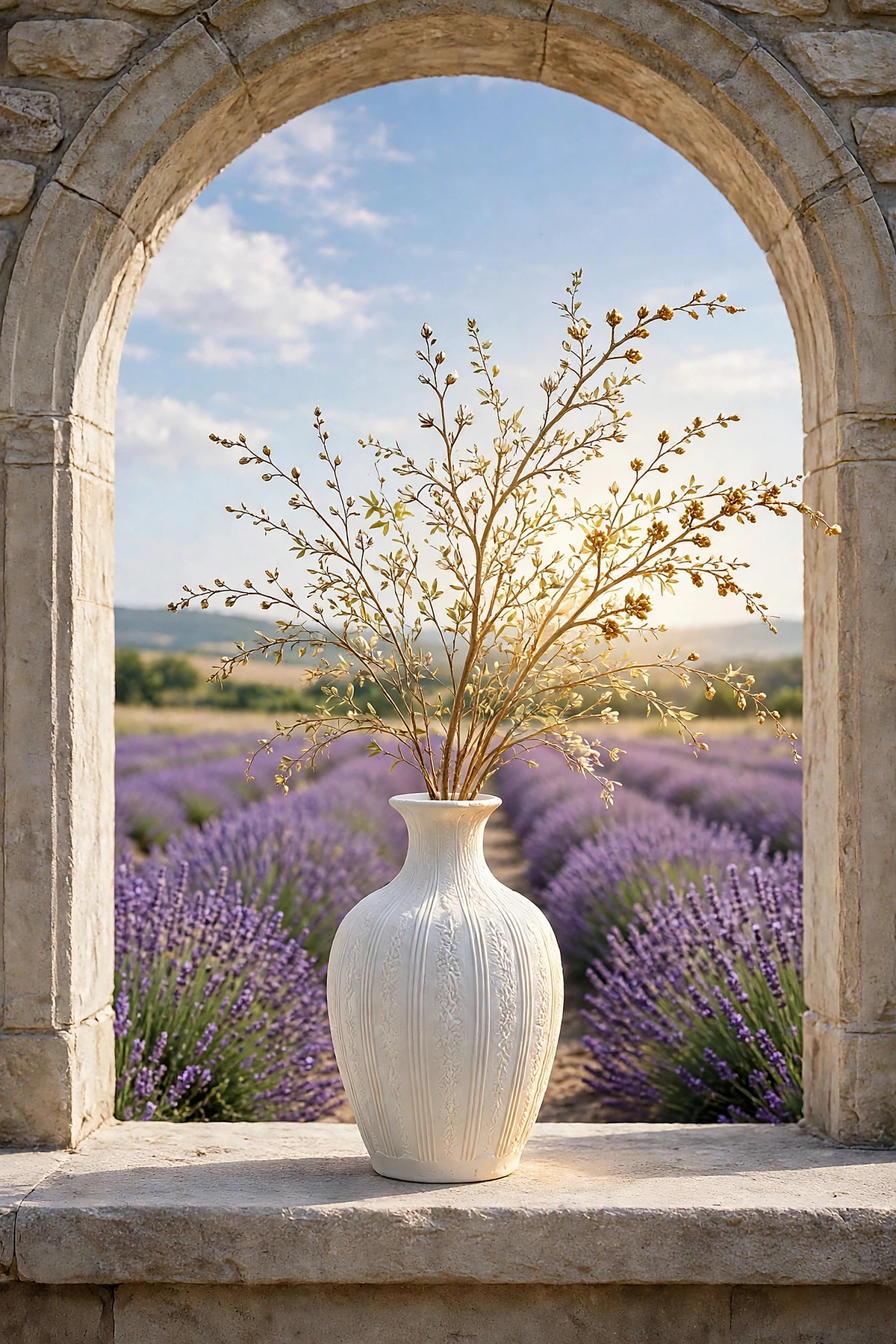 White vase with golden branches in a stone arch overlooking lavender fields at midday