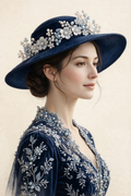 Midnight — woman in profile in a deep navy pearl-embroidered gown with silver-blue pearls and a wide-brimmed hat crowned with pearl flowers, on a warm cream ground