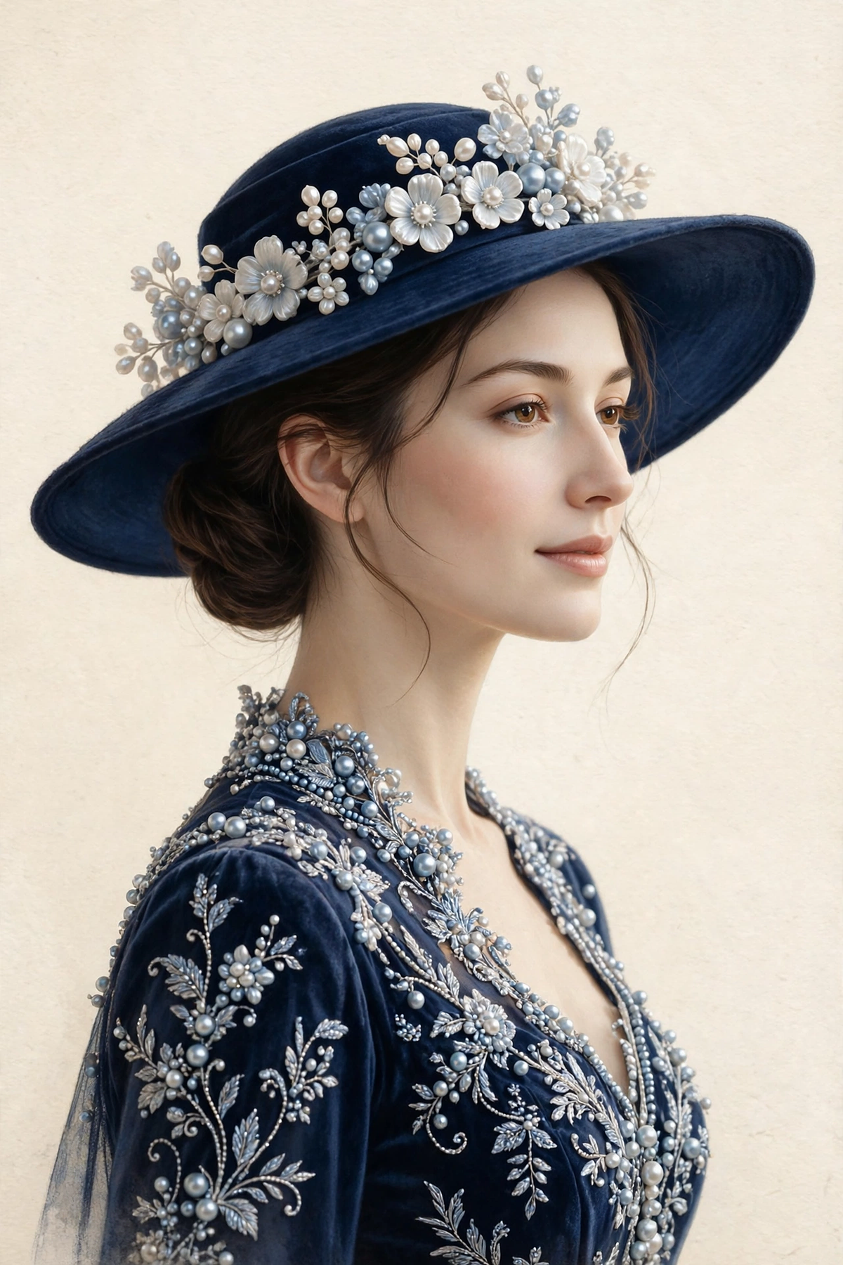 Midnight — woman in profile in a deep navy pearl-embroidered gown with silver-blue pearls and a wide-brimmed hat crowned with pearl flowers, on a warm cream ground