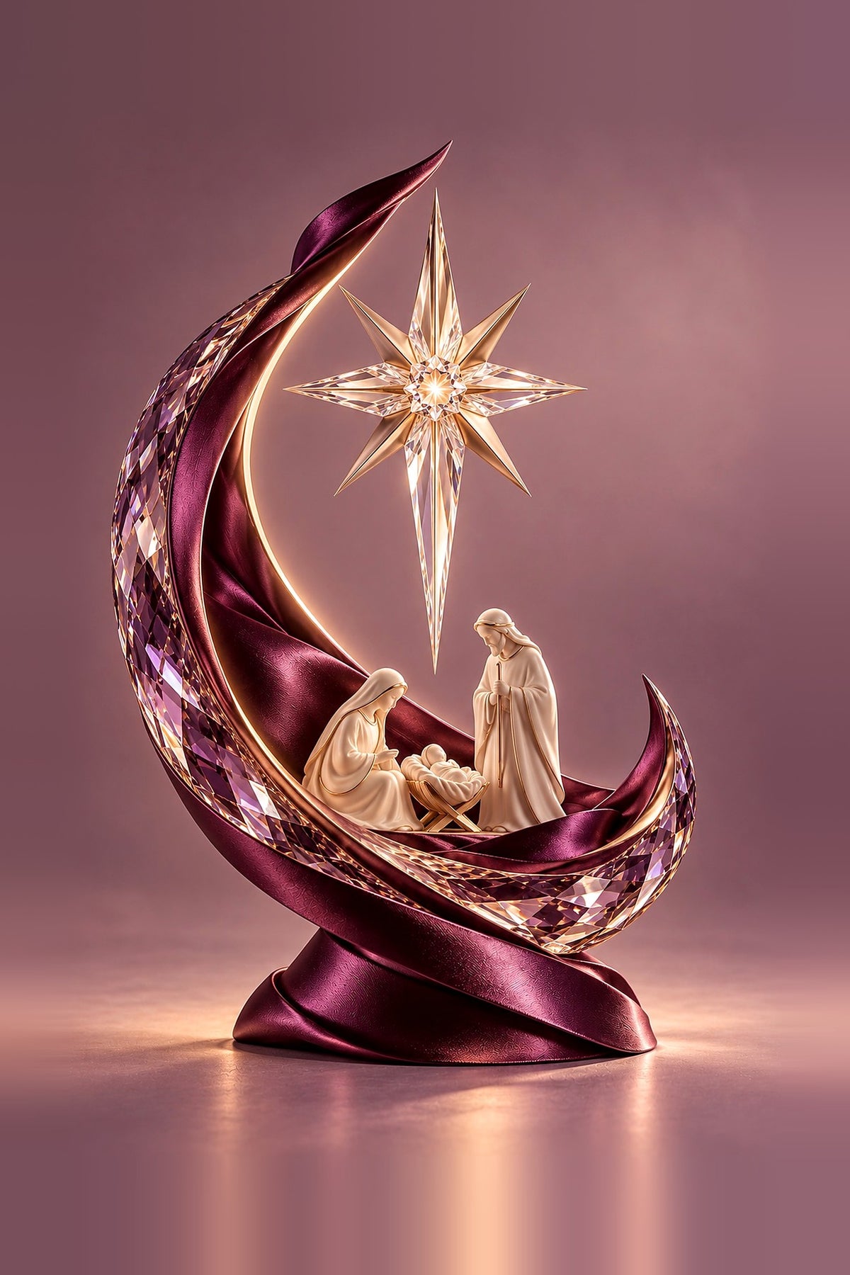 Crystal crescent moon wrapped in burgundy satin ribbon holding a porcelain nativity scene under the Star of Bethlehem, on a mauve background