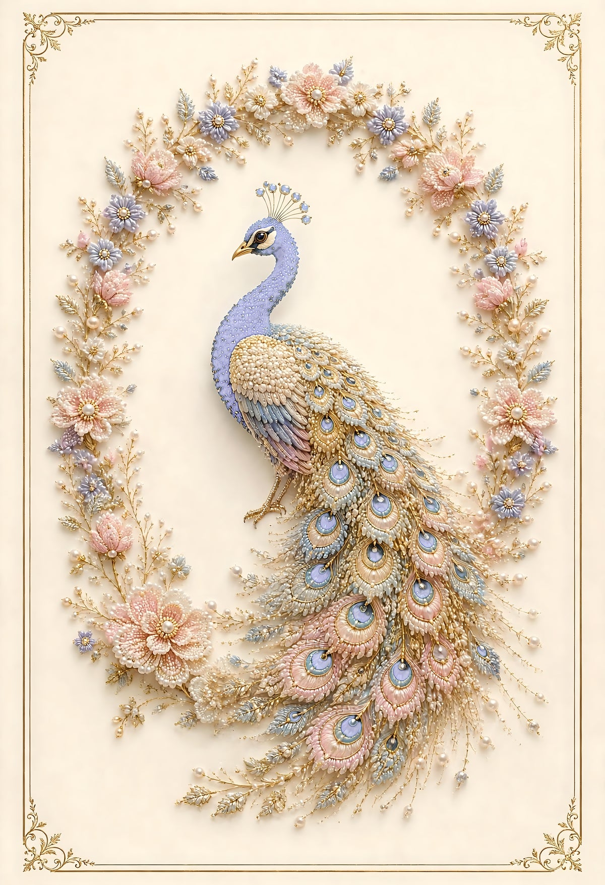 regal peacock in soft lavender and periwinkle with a pearl and crystal tail in cream, blush and gold, surrounded by pearl botanical flowers