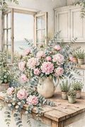 Peonies in the Cottage Kitchen — a pitcher of pink peonies on a rustic wooden table in a cottage kitchen with potted herbs and a sea view