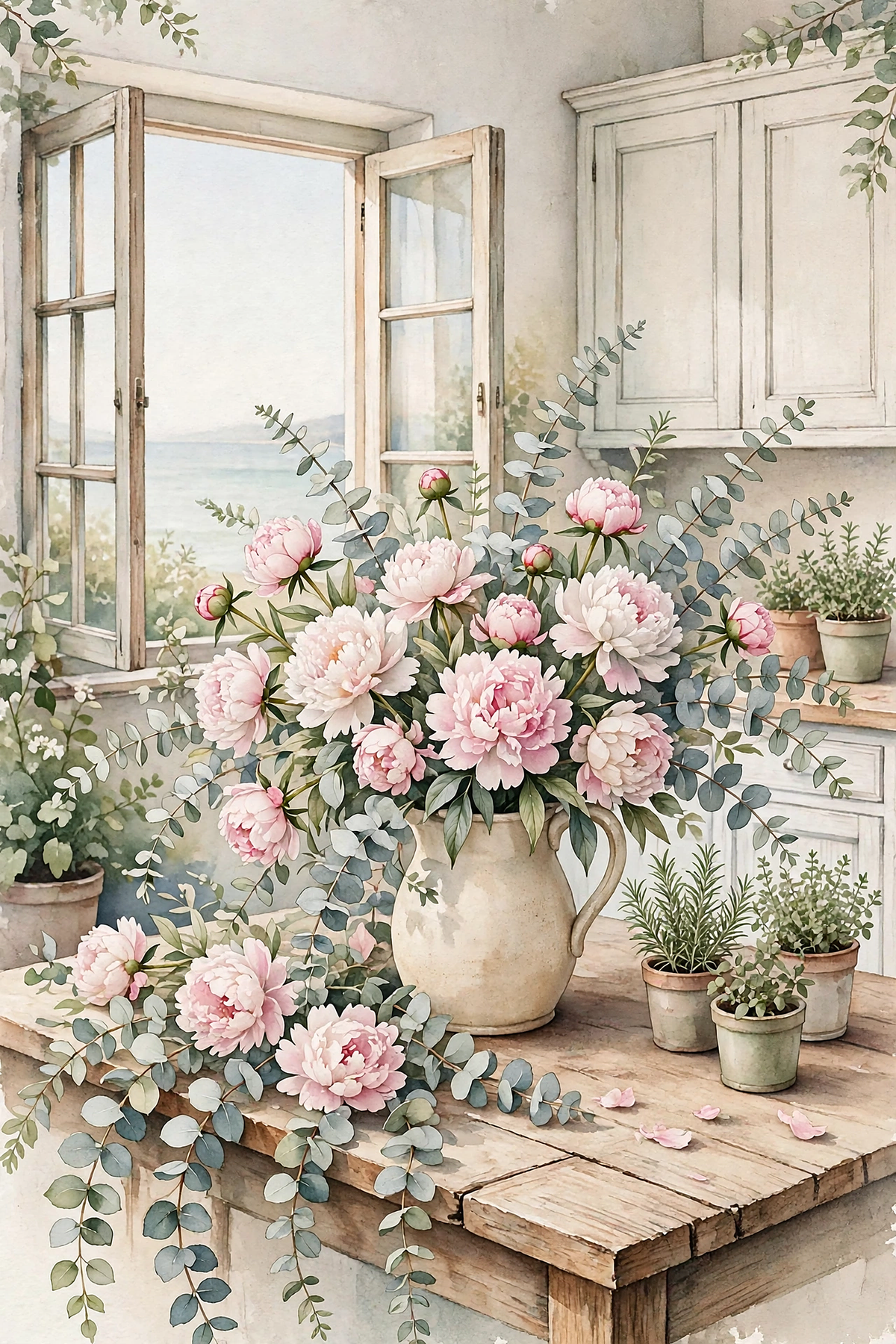 Peonies in the Cottage Kitchen — a pitcher of pink peonies on a rustic wooden table in a cottage kitchen with potted herbs and a sea view