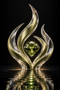 Faceted peridot heart in a crystal flame sculpture reflected on dark water
