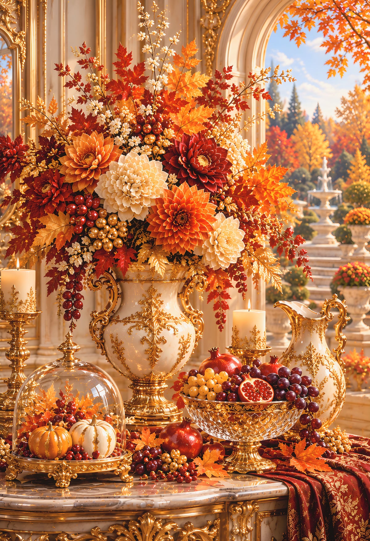 Golden Bouquet — gilded baroque bouquet of autumn dahlias with grapes and pomegranates