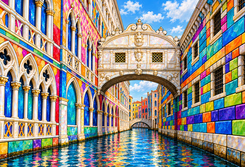 Bridge of Sighs in Harlequin Hues — the Bridge of Sighs over a narrow canal between colorful mosaic-tiled walls with Gothic windows