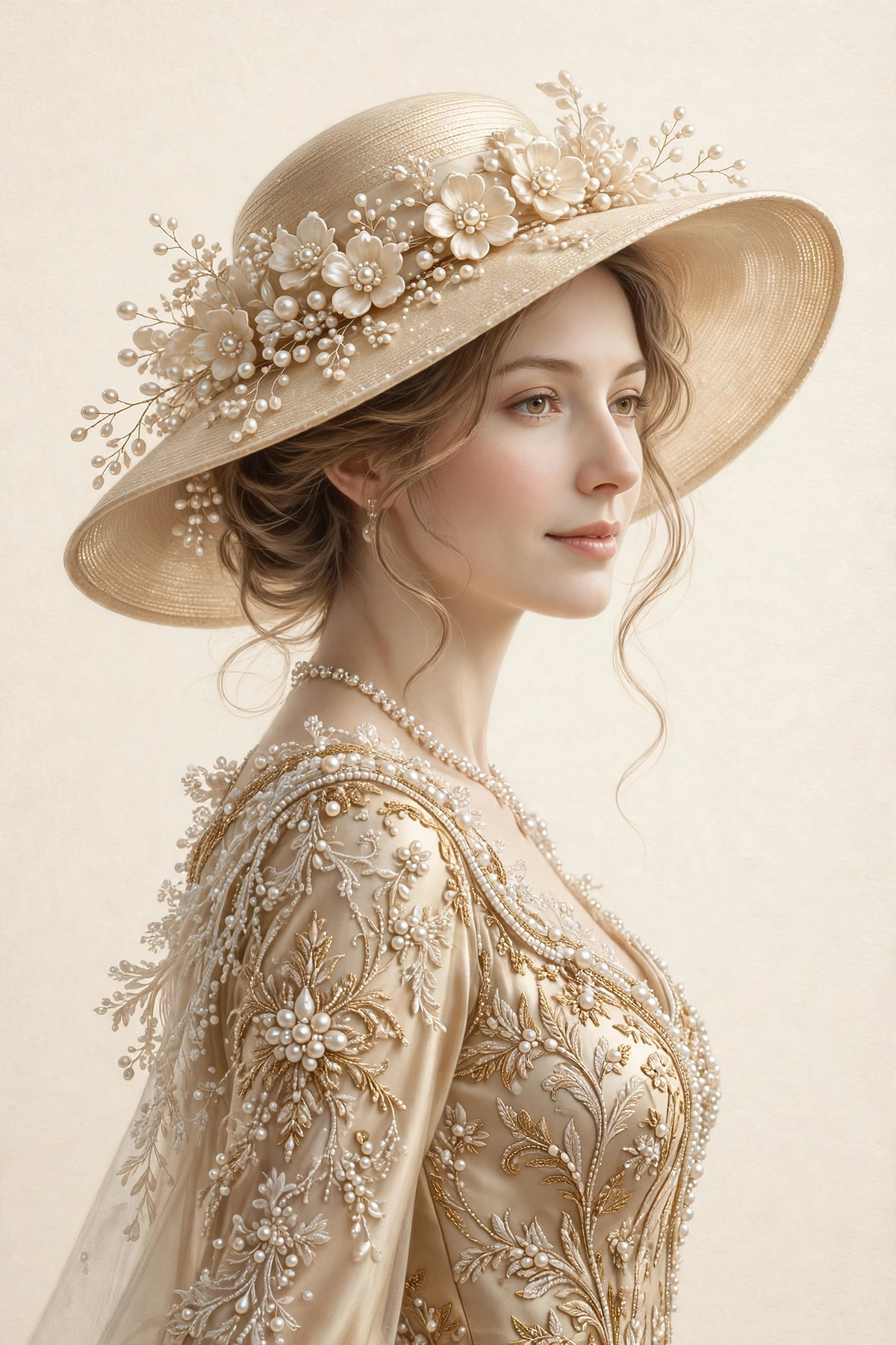 Champagne Whisper — woman in a champagne and gold pearl-embroidered gown with a wide-brimmed hat crowned with pearl flowers, on a warm cream ground