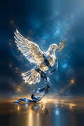 Clear crystal dove carrying an olive branch with a flowing blue satin ribbon, on a deep blue background with golden sparkles