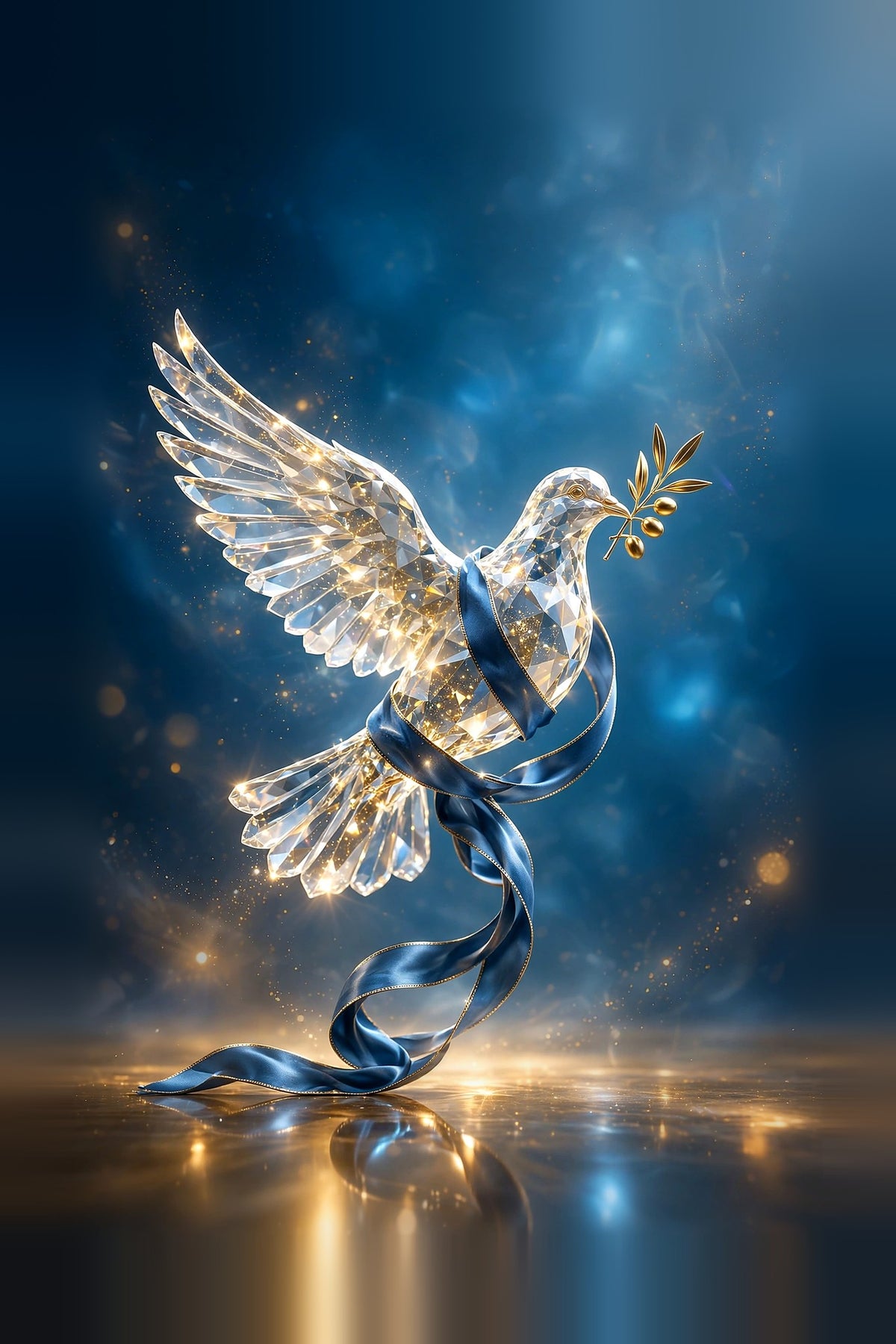 Clear crystal dove carrying an olive branch with a flowing blue satin ribbon, on a deep blue background with golden sparkles