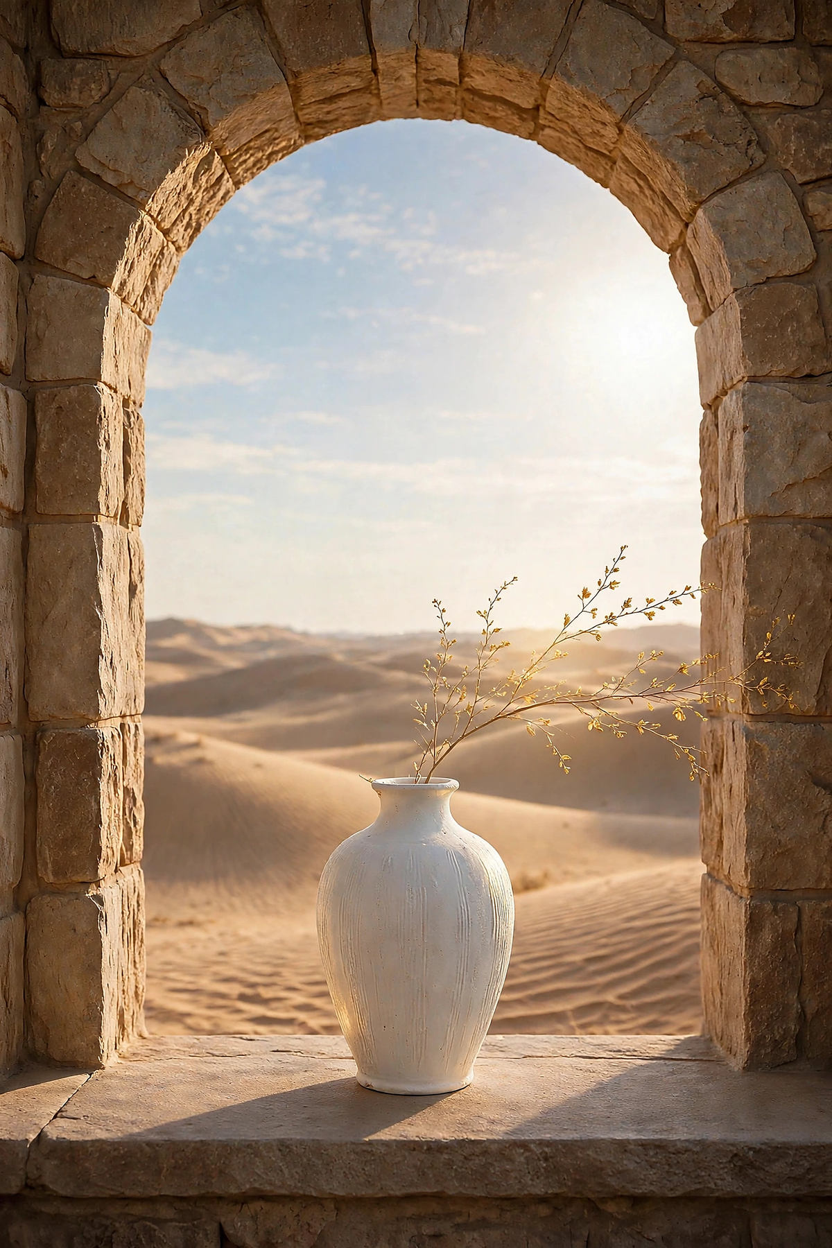 White vase with golden branches in a stone arch overlooking golden desert dunes in the afternoon