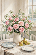 Dining Room Spring Bouquet — a white pitcher of pink and white spring flowers on a cottage dining table with pears and slipcovered chairs