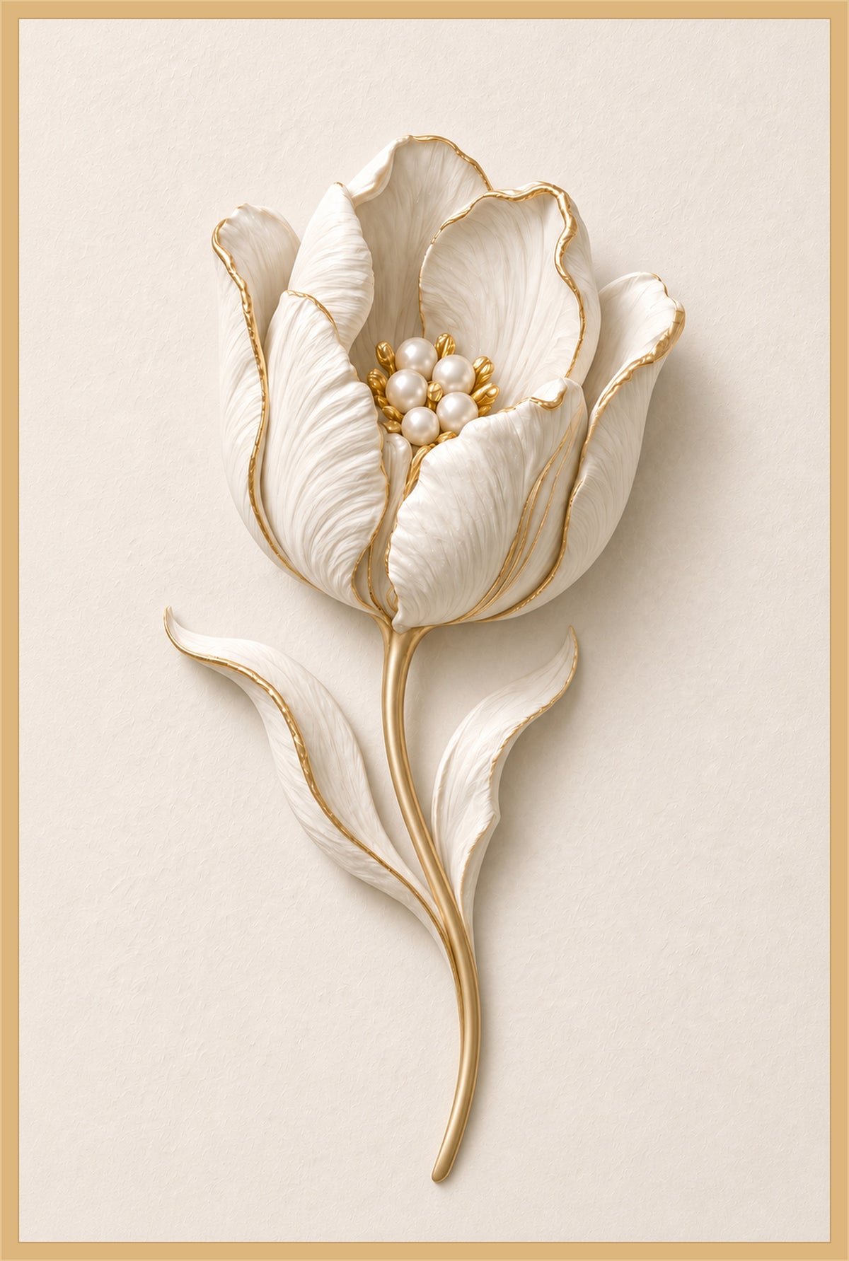 Gilded Tulip — an open ivory tulip with a cluster of pearls, gold-traced petals and long sweeping leaves on a golden stem