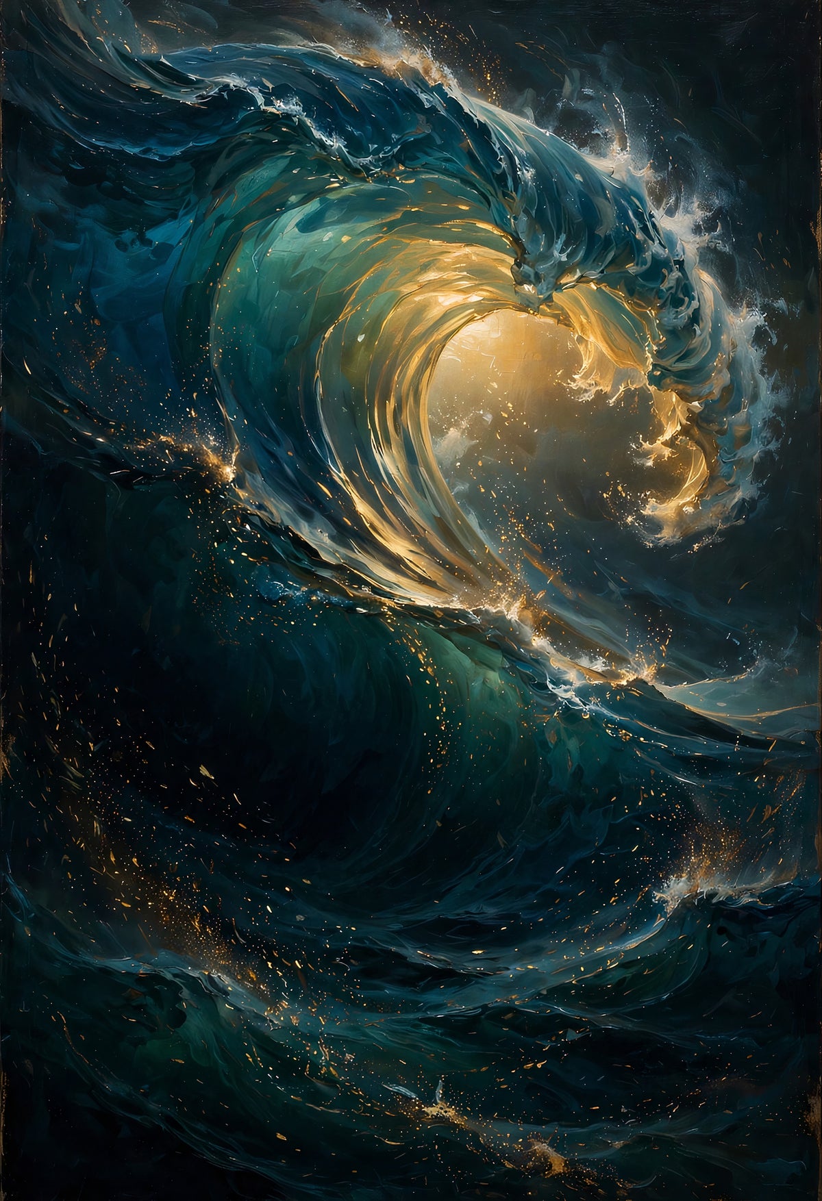 Curling ocean wave lit with golden light from within