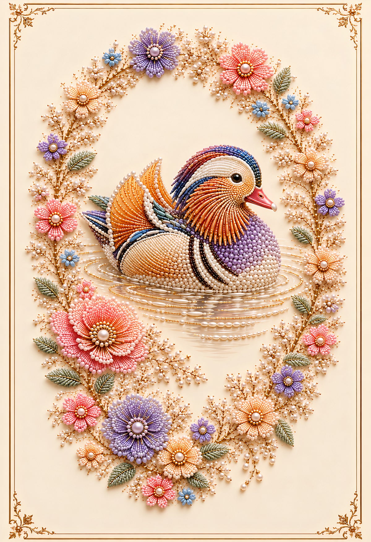 Mandarin duck embroidered with pearls
