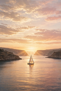 Sunset Sail — coastal sunset in golden light with cliffs on both sides and a medium white sailboat in the centre