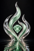 Faceted mint-green heart in a crystal flame sculpture reflected on dark water