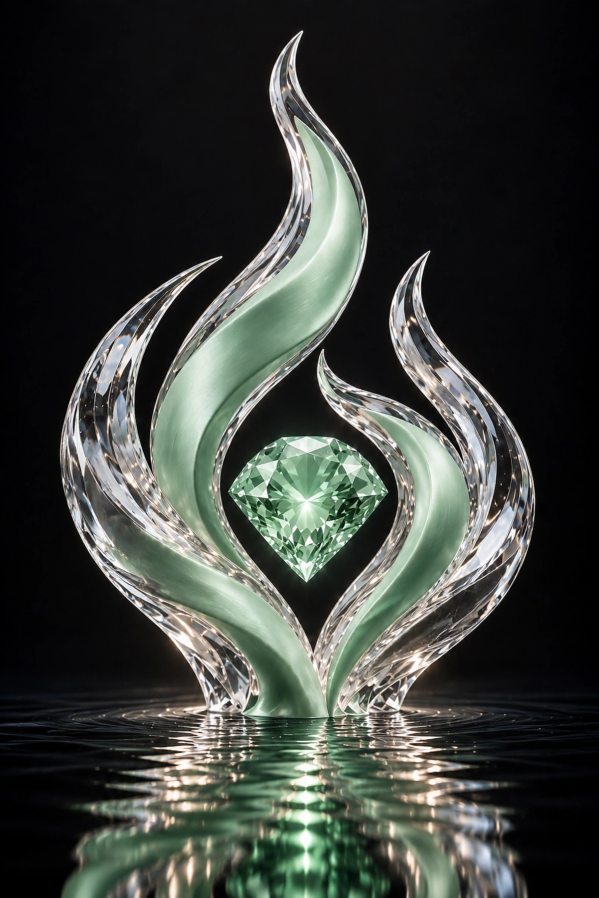 Faceted mint-green heart in a crystal flame sculpture reflected on dark water