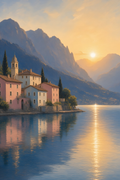 Lakeside village with pink and blue houses and a bell tower beneath mountains, sun reflection on the lake, oil painting