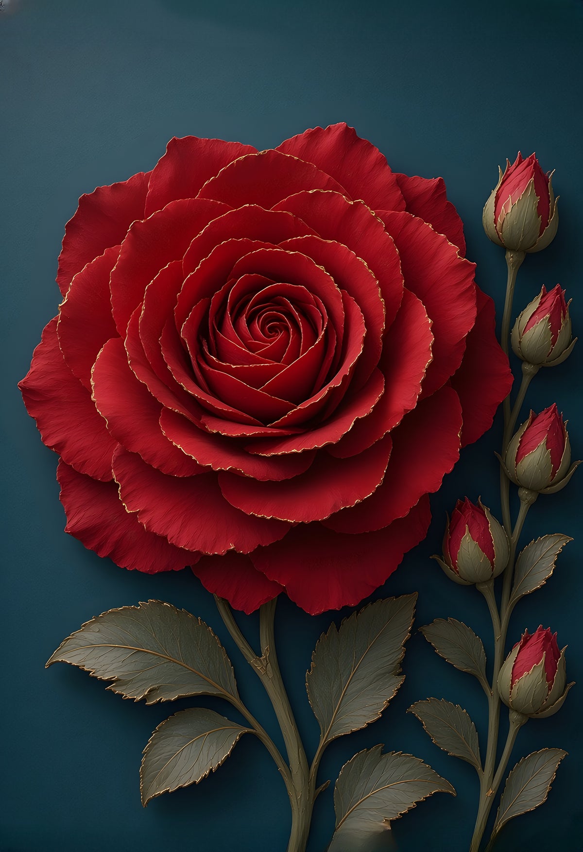 Velvet Rose — a deep red porcelain-relief rose with gold-touched petals beside a stem of red rosebuds on deep teal