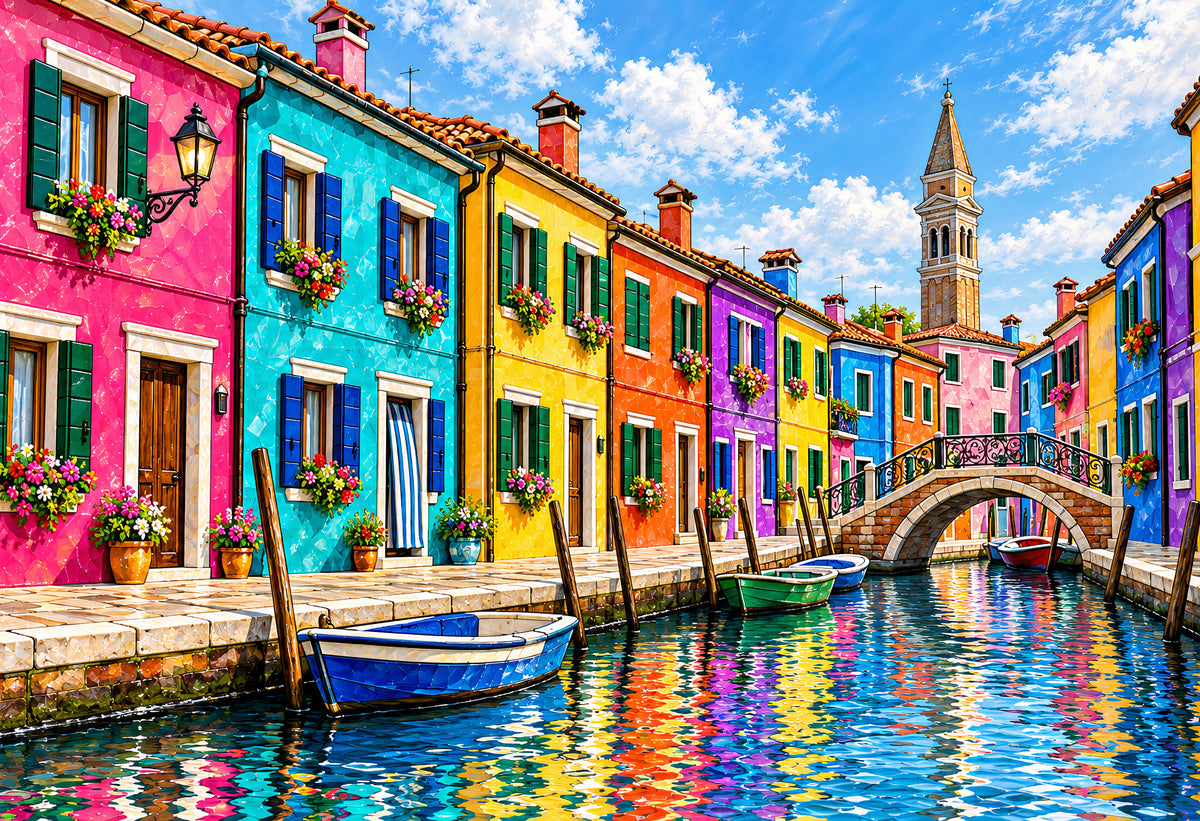 Burano Houses Along the Canal — brightly painted Burano houses along a canal with moored boats, a small bridge and a leaning bell tower