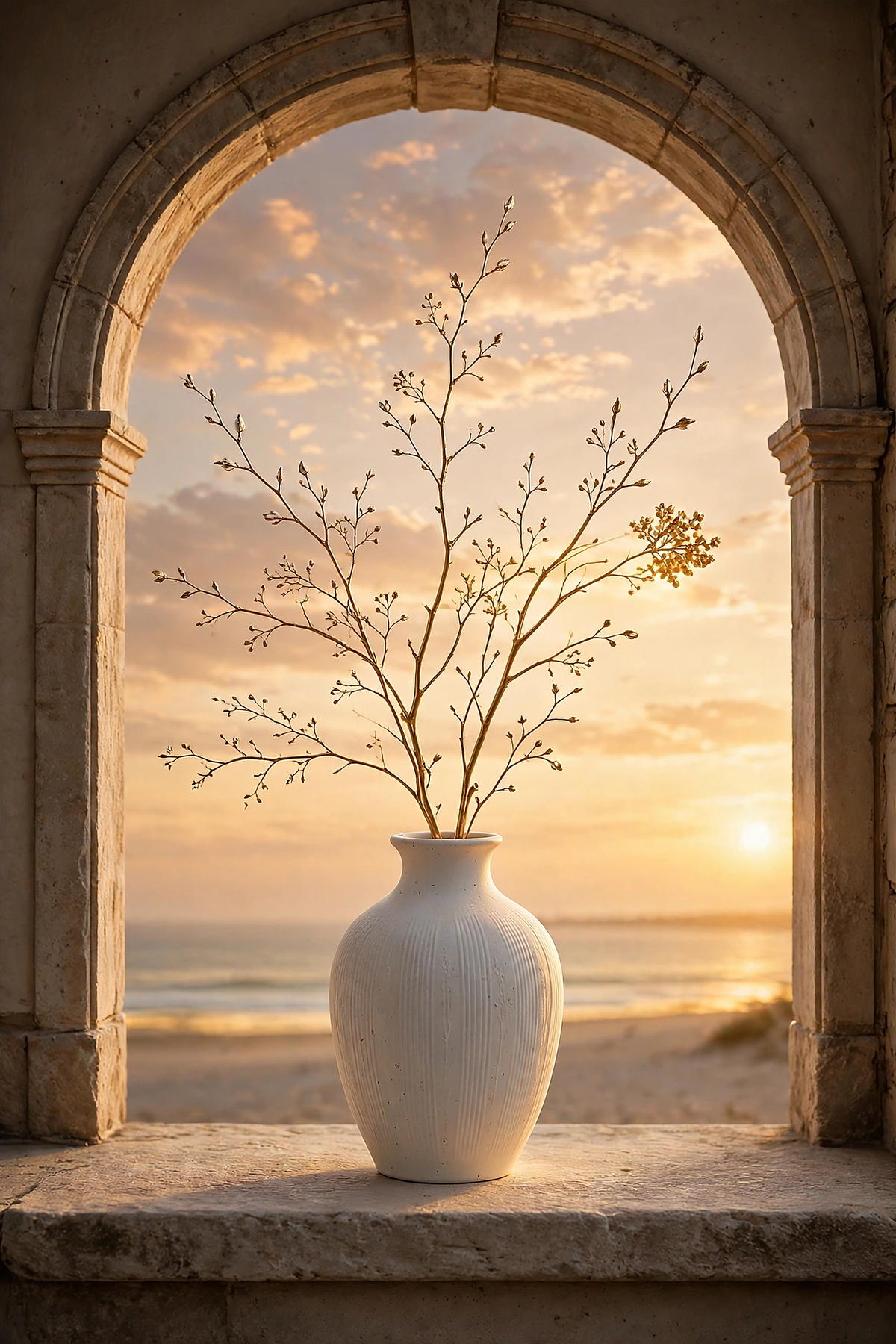 White vase with golden branches in a stone arch overlooking a beach at golden hour
