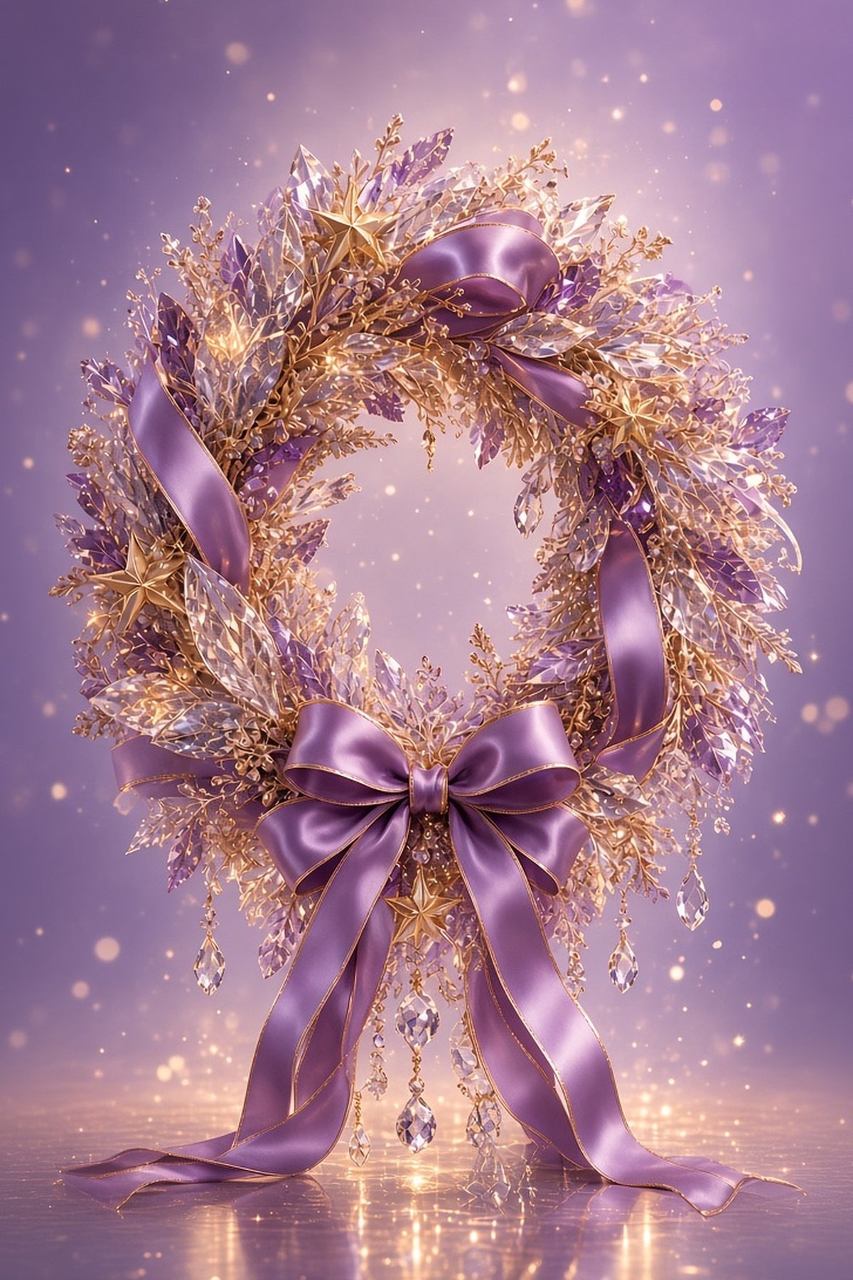 Crystal Christmas garland of faceted crystal leaves, beads and gold stars wrapped in lavender satin ribbon with a large bow and hanging crystal drops, on a soft lavender background