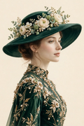Emerald Grace — woman in profile in a deep emerald pearl-embroidered gown with gold pearls and a wide green hat crowned with green and cream pearl flowers, on a warm cream ground
