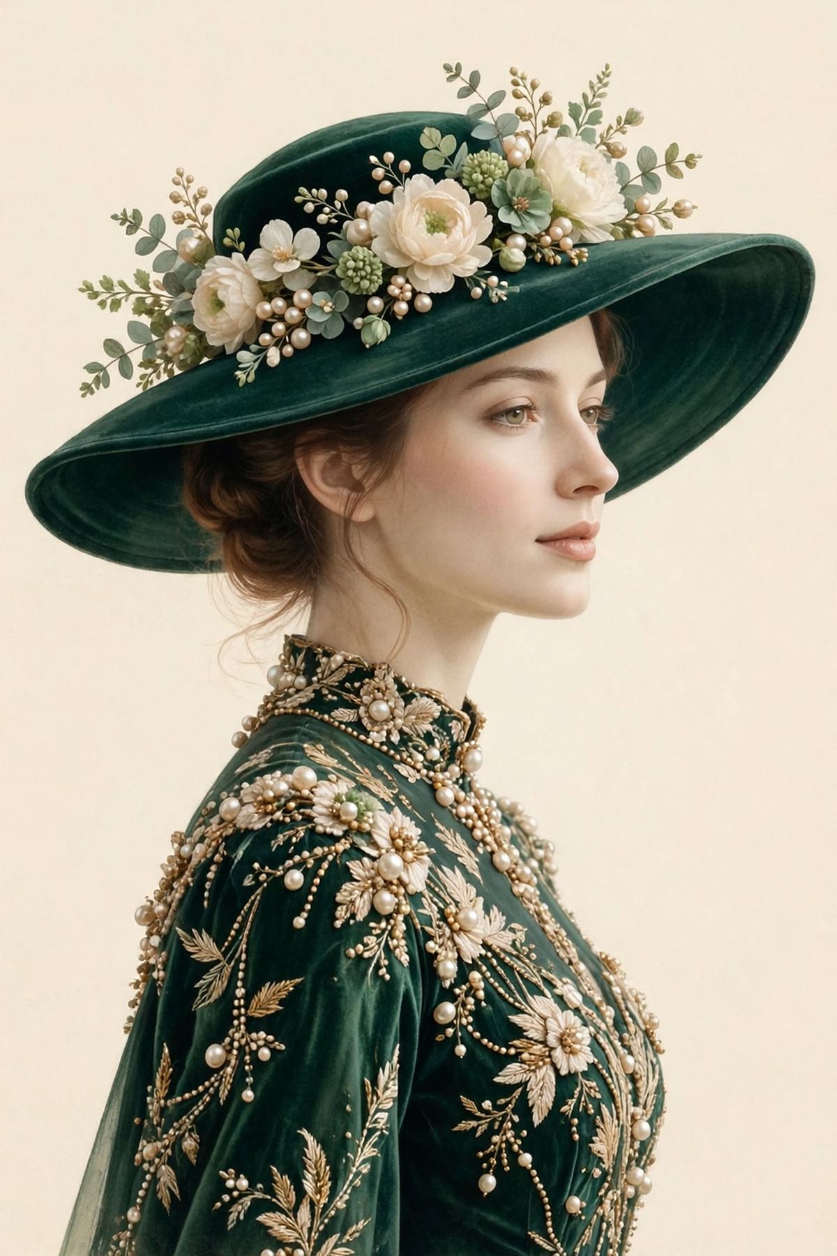 Emerald Grace — woman in profile in a deep emerald pearl-embroidered gown with gold pearls and a wide green hat crowned with green and cream pearl flowers, on a warm cream ground