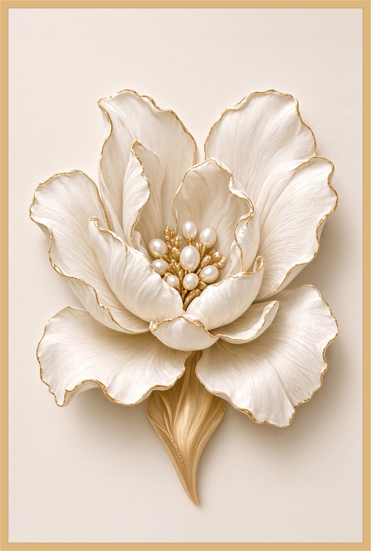 Ivory Bloom Reverie — layers of ruffled gold-edged ivory petals opening around a heart of pearls on a golden base