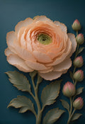 Peach Ranunculus — a peach porcelain-relief ranunculus with layered petals and a green center beside small buds on deep teal