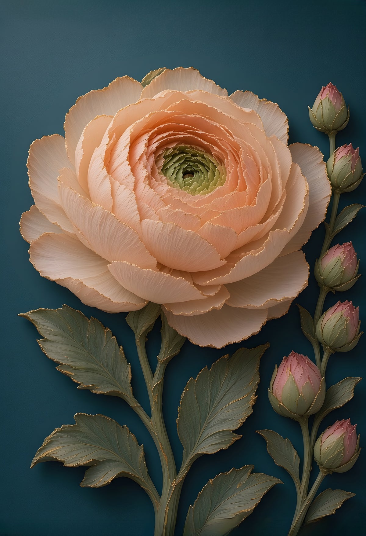 Peach Ranunculus — a peach porcelain-relief ranunculus with layered petals and a green center beside small buds on deep teal