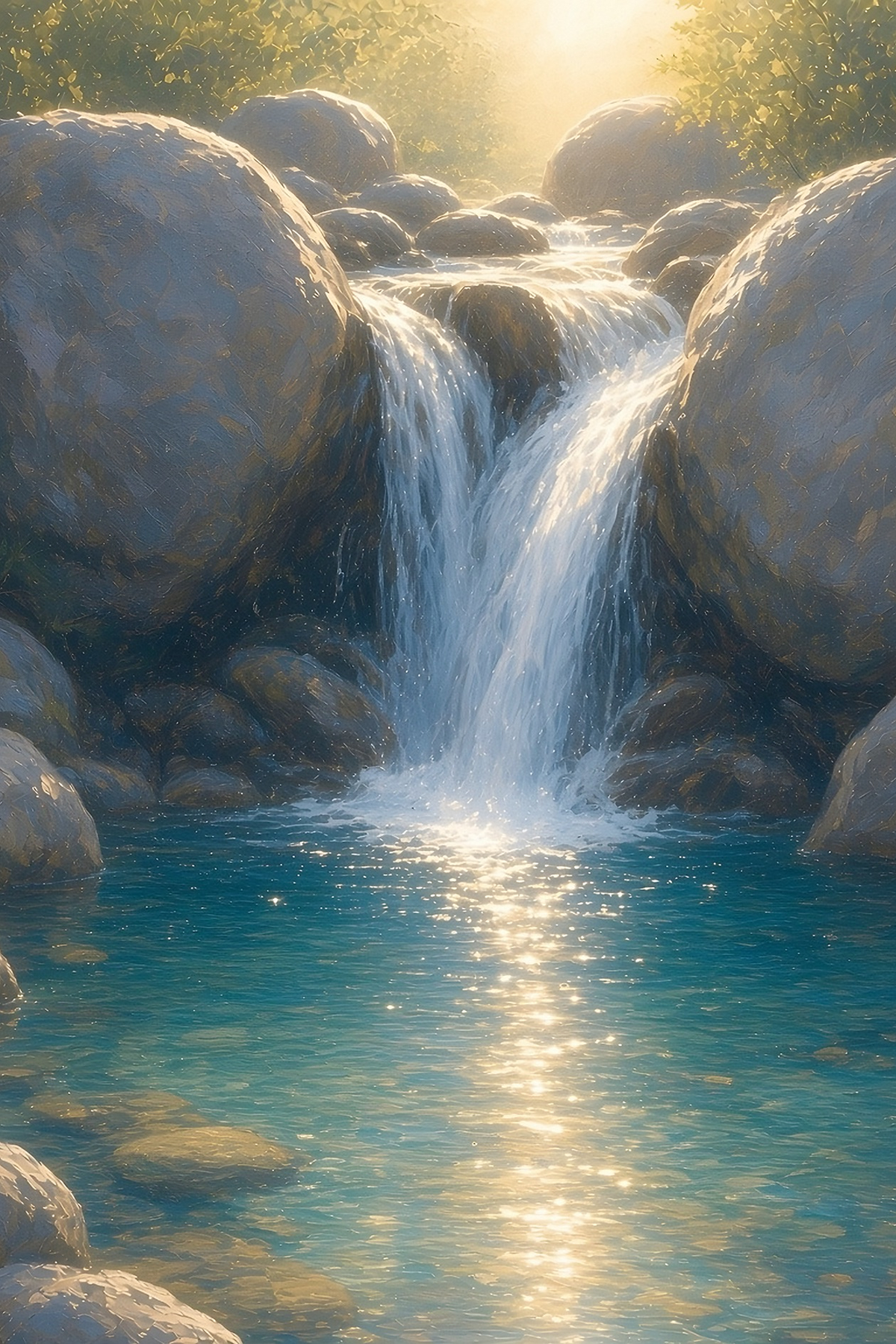 Waterfall between rounded boulders pouring into a turquoise pool, sunlight and bright reflection on the water, oil painting