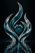 Faceted teal heart in a crystal flame sculpture reflected on dark water