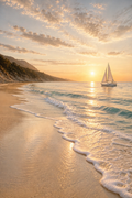 Shore at Sunset — beach at sunset with waves, cliffs on the left, sun path on the sea and a medium white sailboat