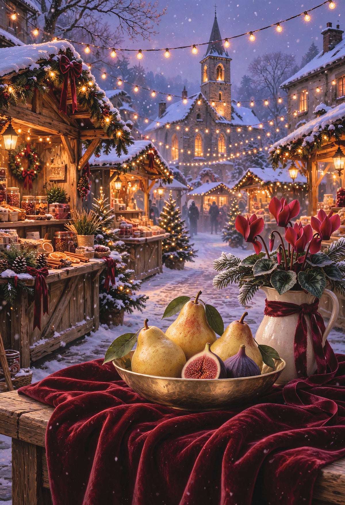 Christmas Velvet — pears and figs on red velvet at a snowy Christmas market