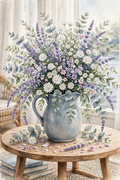 Wildflower Pitcher Bouquet — a blue-grey pitcher of lavender, white daisies and eucalyptus in soft watercolor