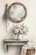 Cottage Entryway Hydrangeas — a cream pitcher of hydrangeas and pink roses on a rustic console under a round mirror with dried lavender