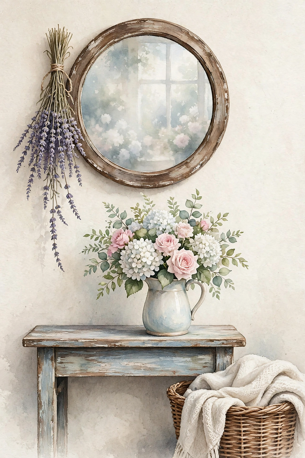 Cottage Entryway Hydrangeas — a cream pitcher of hydrangeas and pink roses on a rustic console under a round mirror with dried lavender