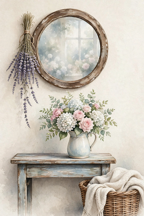 Cottage Entryway Hydrangeas — a cream pitcher of hydrangeas and pink roses on a rustic console under a round mirror with dried lavender