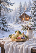 Winter Hush — pears, figs and white cyclamen on ivory linen beside a snowy cabin