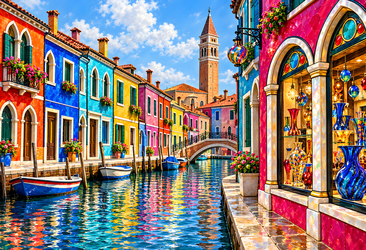 Murano Glass Boutique on the Canal — a magenta and gold glass boutique beside a sunlit canal with rainbow-painted houses and a campanile